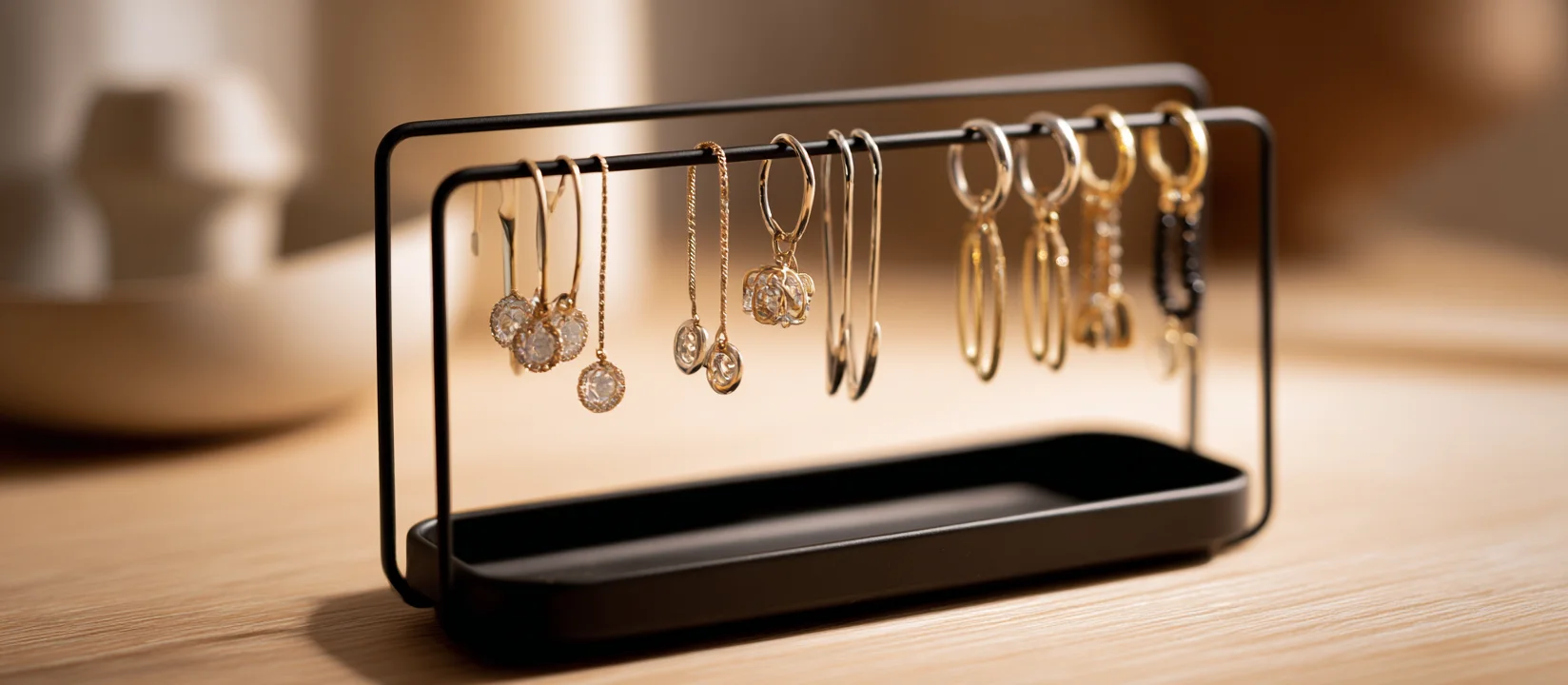 The modern and minimalist earring display holder is designed to hold and showcase earrings beautifully on multiple tiers.